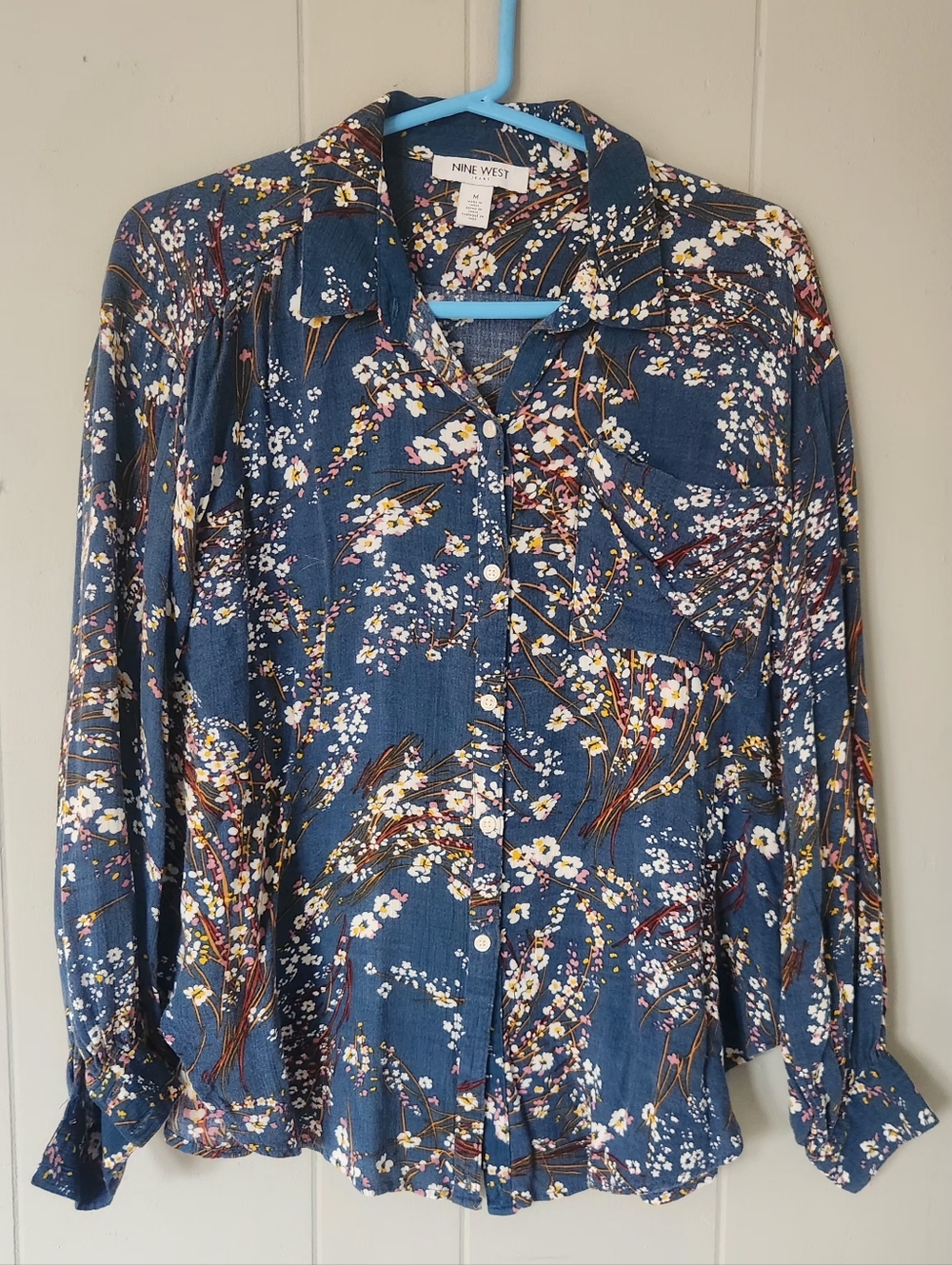 Nine West Navy Floral Button-Down Blouse